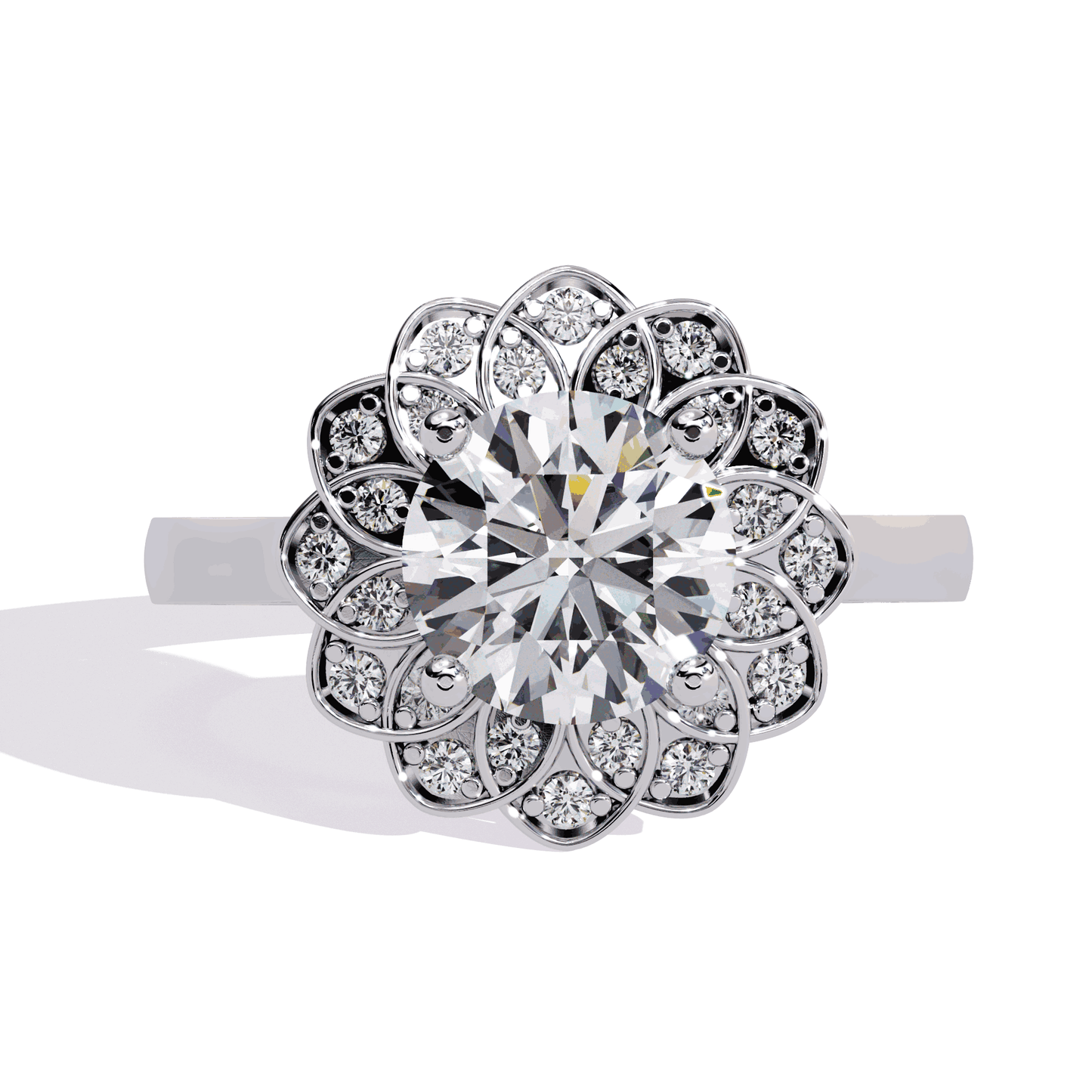 Round Cut Lab Grown Diamond Halo Engagement Ring with Double Layer Flower Petal Halo