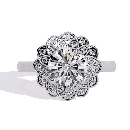 Round Cut Lab Grown Diamond Halo Engagement Ring with Double Layer Flower Petal Halo