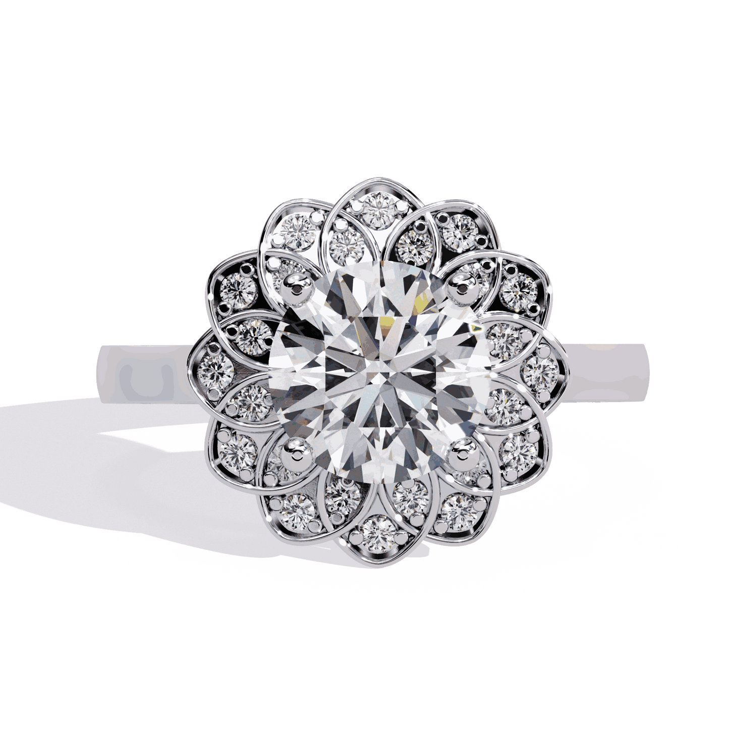 Round Cut Lab Grown Diamond Halo Engagement Ring with Double Layer Flower Petal Halo