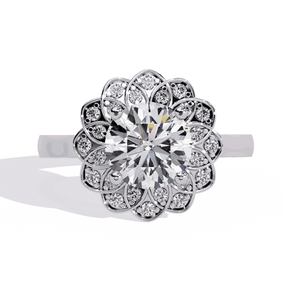 Round Cut Lab Grown Diamond Halo Engagement Ring with Double Layer Flower Petal Halo