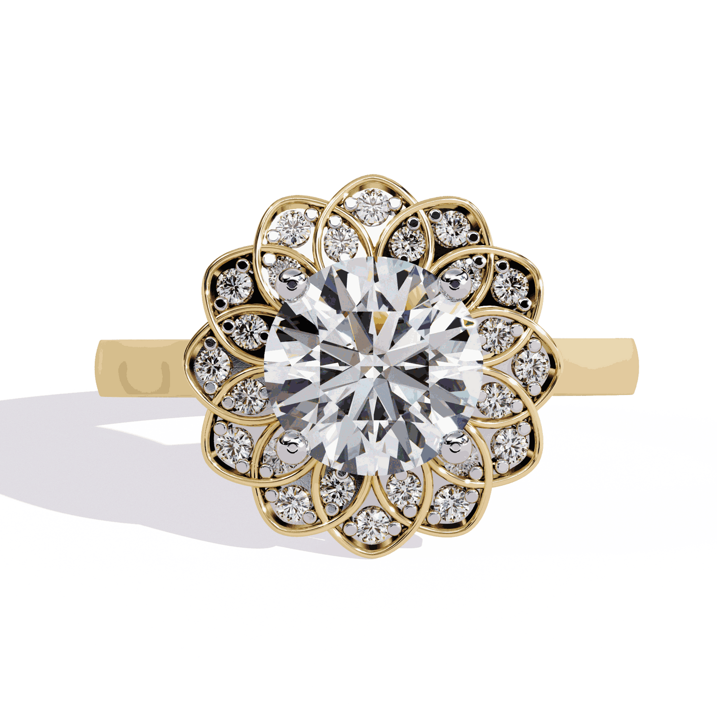 Round Cut Lab Grown Diamond Halo Engagement Ring with Double Layer Flower Petal Halo