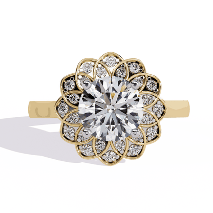 Round Cut Lab Grown Diamond Halo Engagement Ring with Double Layer Flower Petal Halo