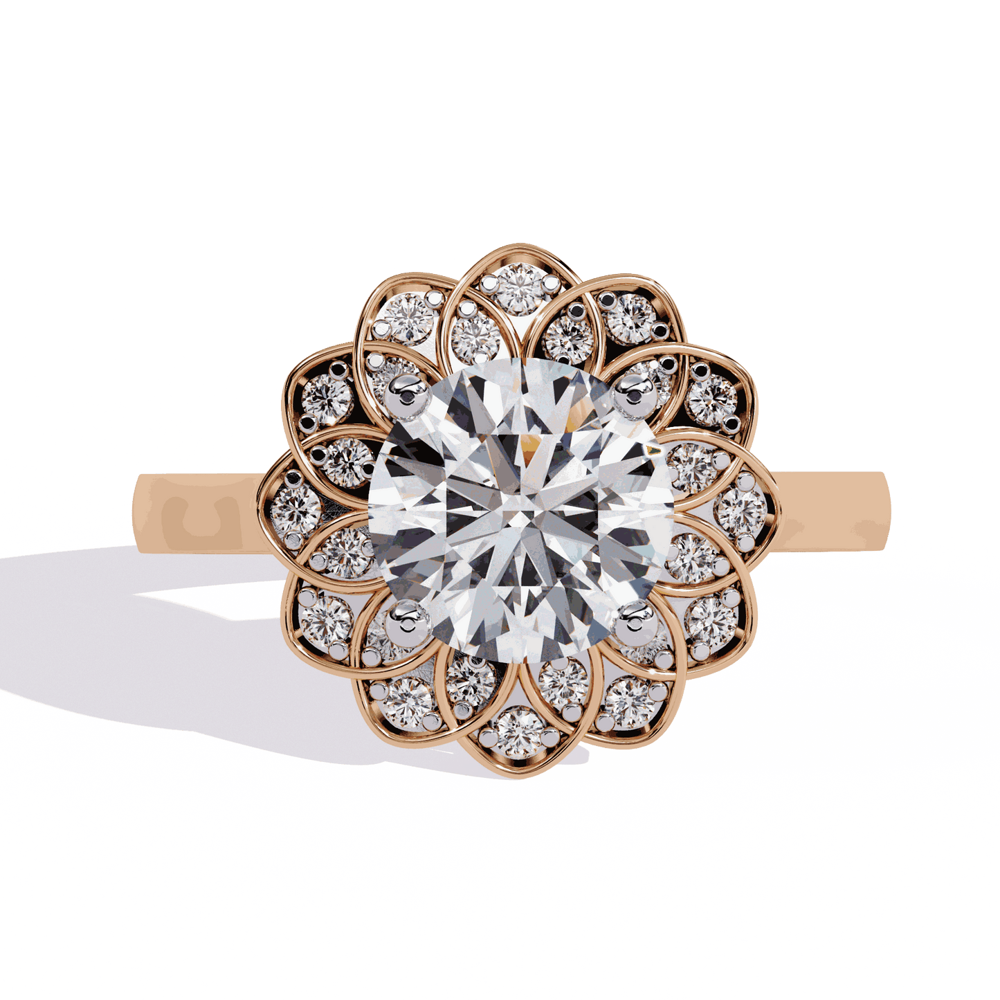 Round Cut Lab Grown Diamond Halo Engagement Ring with Double Layer Flower Petal Halo