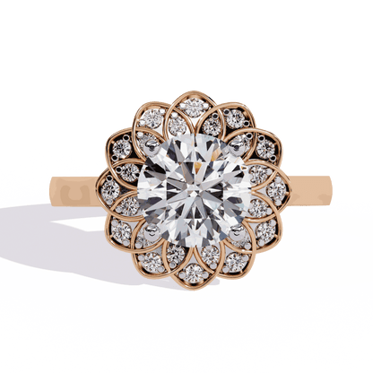 Round Cut Lab Grown Diamond Halo Engagement Ring with Double Layer Flower Petal Halo