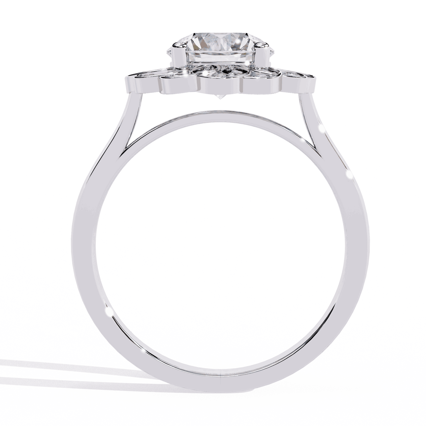 Round Cut Lab Grown Diamond Halo Engagement Ring with Double Layer Flower Petal Halo