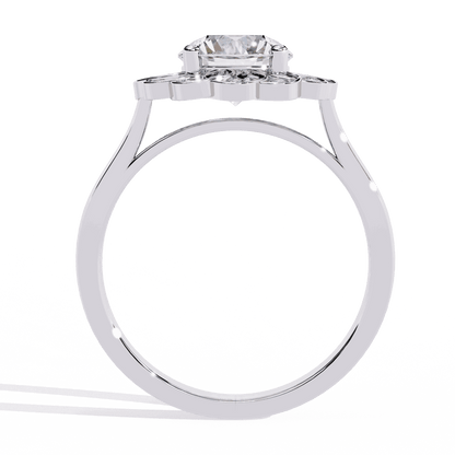 Round Cut Lab Grown Diamond Halo Engagement Ring with Double Layer Flower Petal Halo