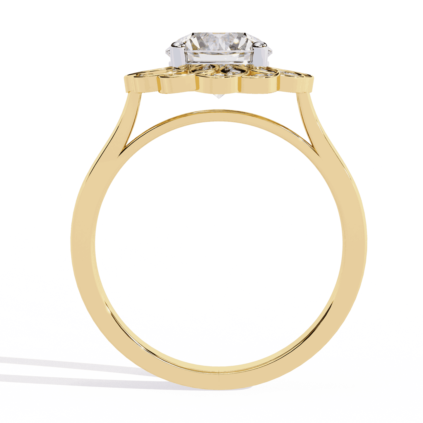 Round Cut Lab Grown Diamond Halo Engagement Ring with Double Layer Flower Petal Halo