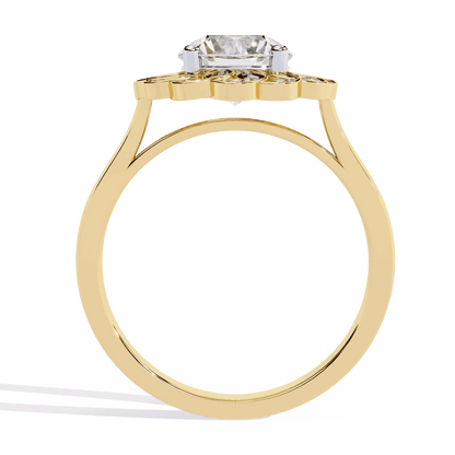 Round Cut Lab Grown Diamond Halo Engagement Ring with Double Layer Flower Petal Halo