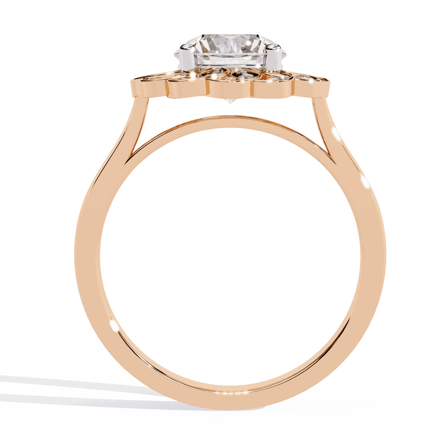 Round Cut Lab Grown Diamond Halo Engagement Ring with Double Layer Flower Petal Halo