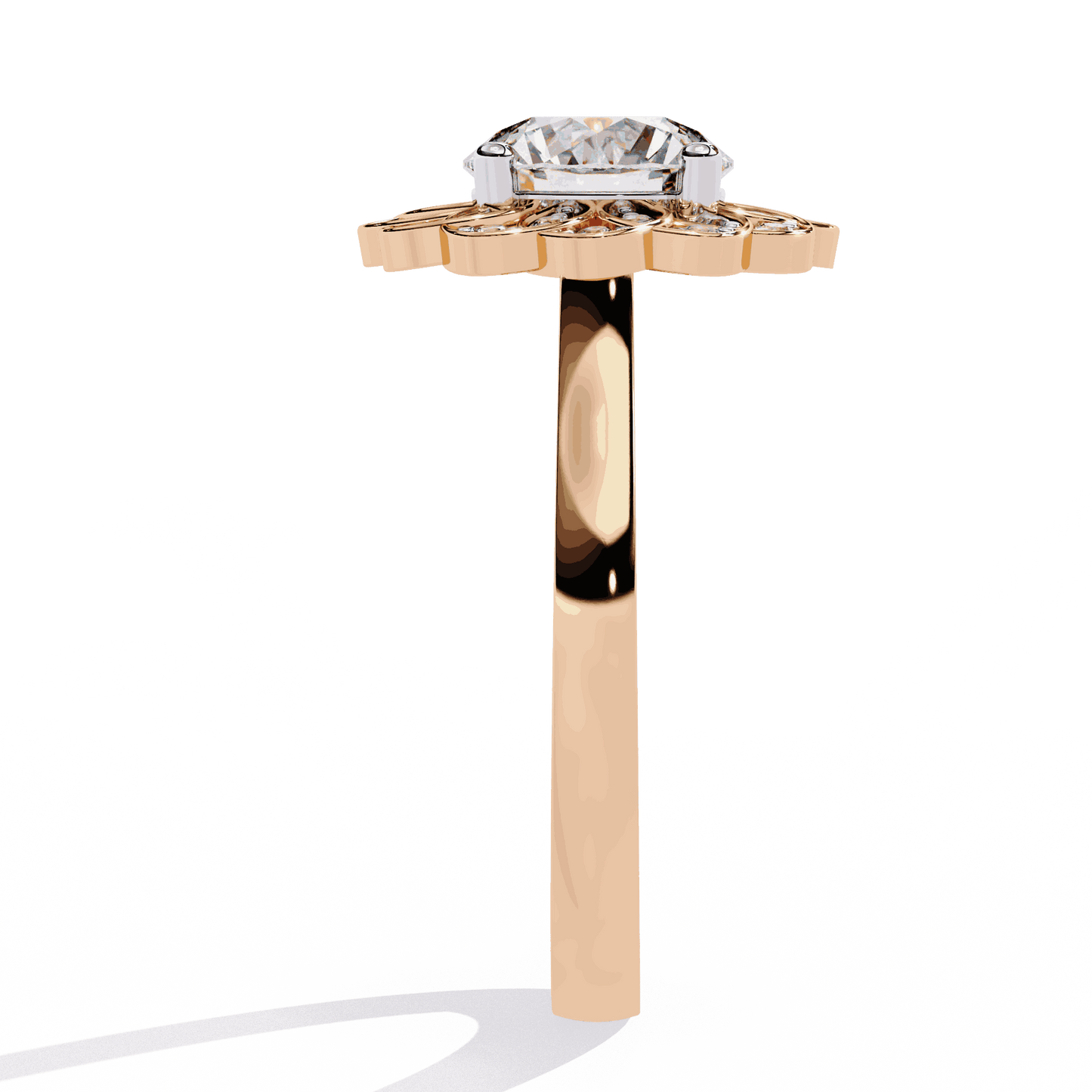 Round Cut Lab Grown Diamond Halo Engagement Ring with Double Layer Flower Petal Halo