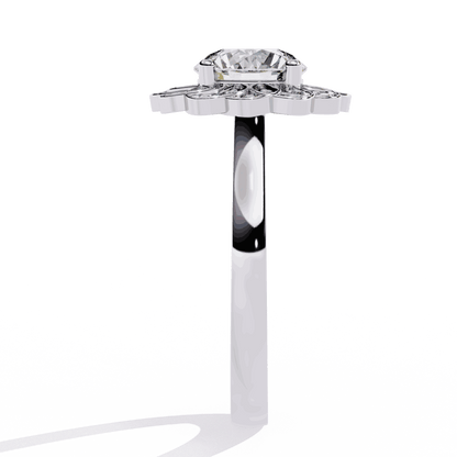 Round Cut Lab Grown Diamond Halo Engagement Ring with Double Layer Flower Petal Halo