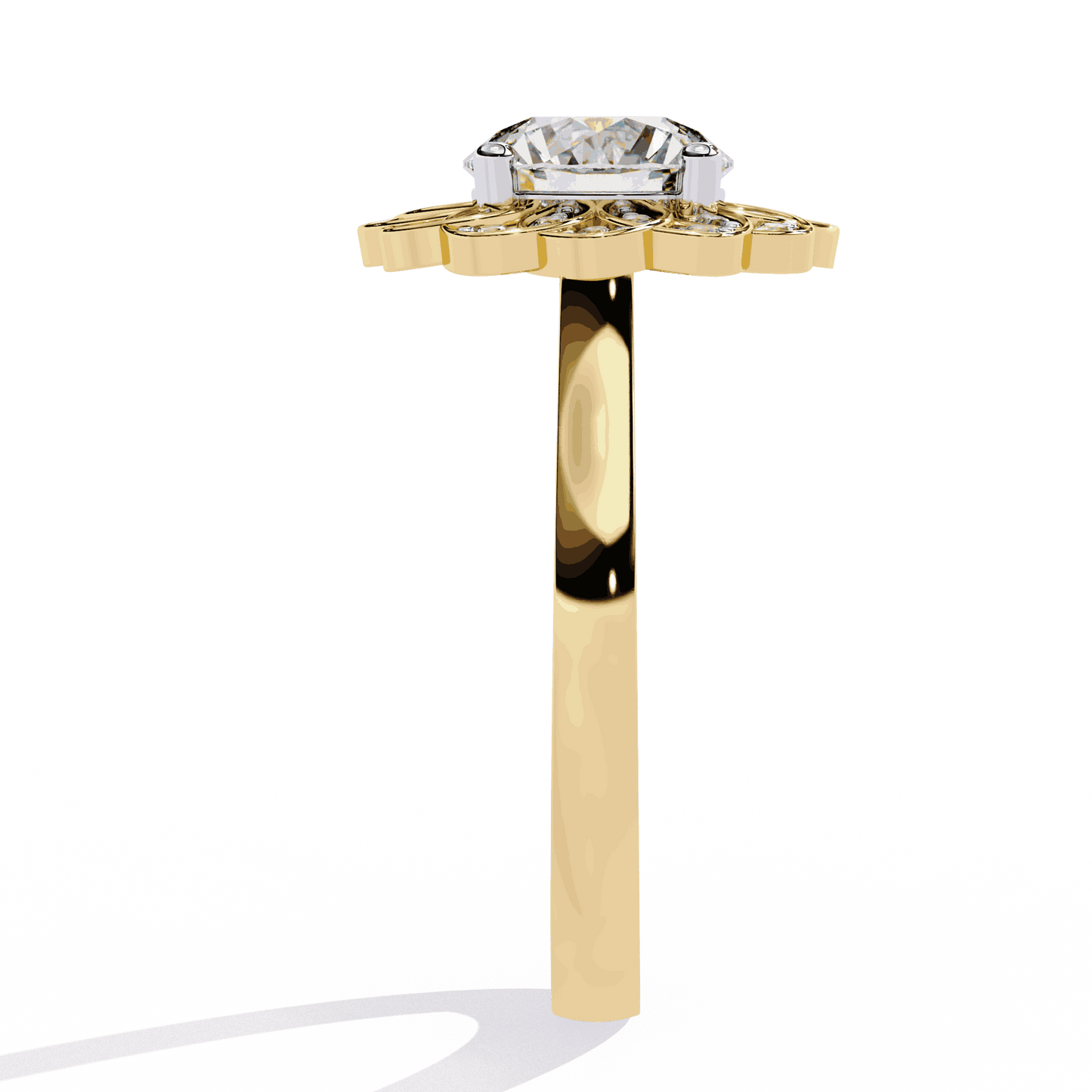 Round Cut Lab Grown Diamond Halo Engagement Ring with Double Layer Flower Petal Halo