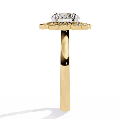 Round Cut Lab Grown Diamond Halo Engagement Ring with Double Layer Flower Petal Halo