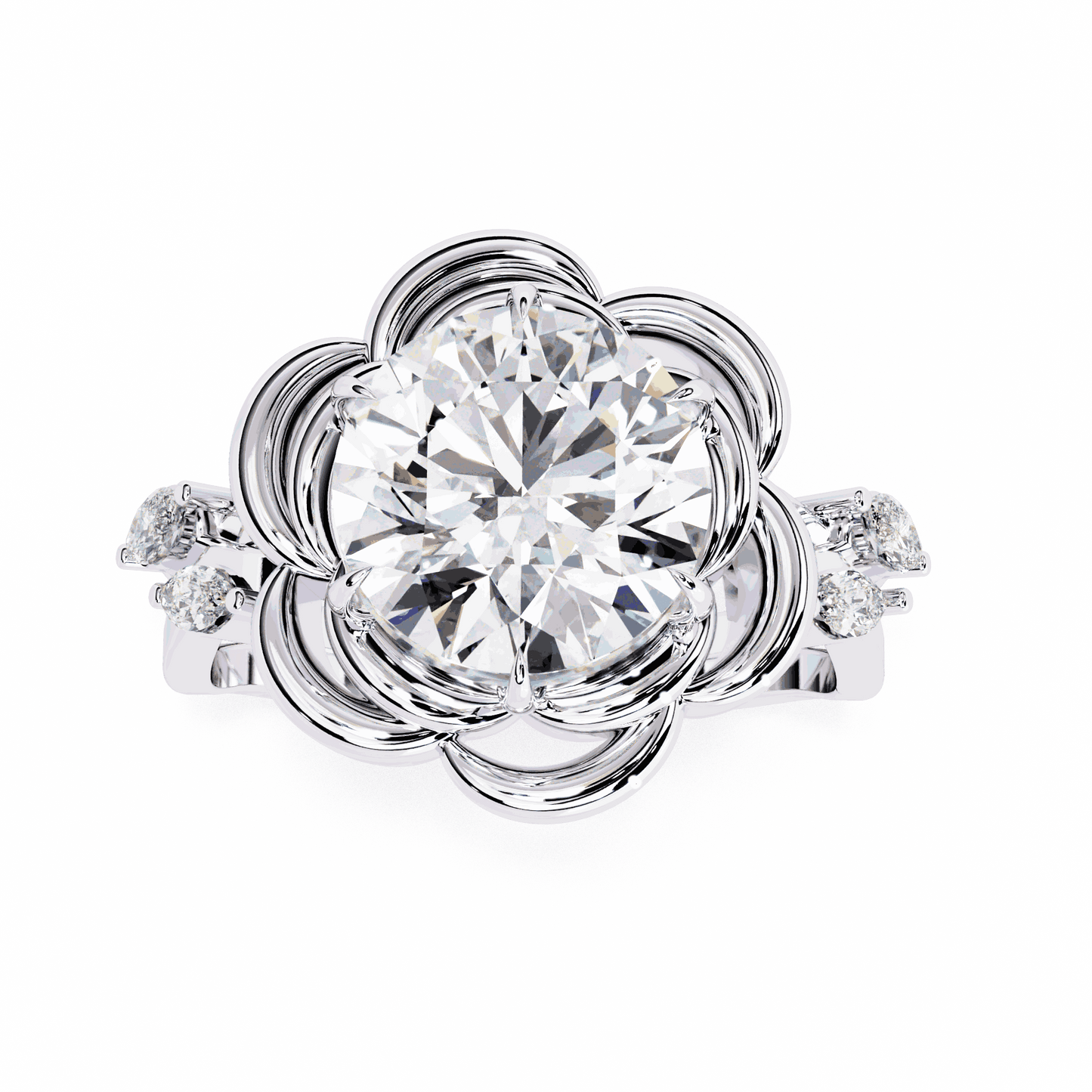 Round Cut Lab Grown Diamond Halo Engagement Ring with Sculpted Rose Petal Halo