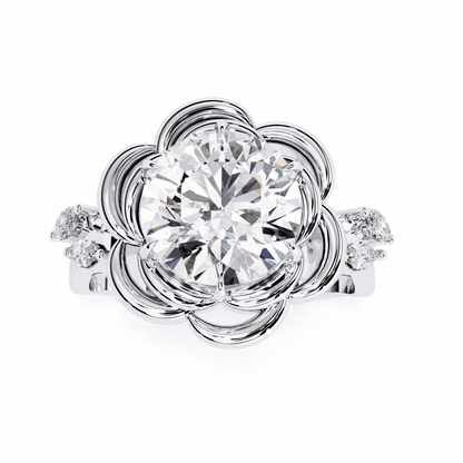 Round Cut Lab Grown Diamond Halo Engagement Ring with Sculpted Rose Petal Halo