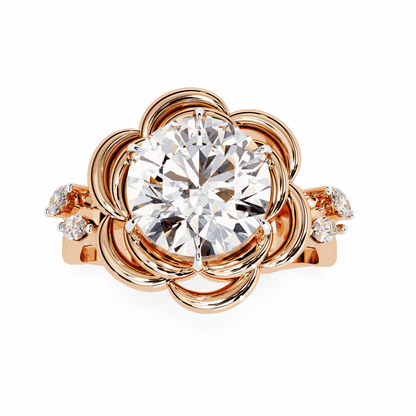 Round Cut Lab Grown Diamond Halo Engagement Ring with Sculpted Rose Petal Halo