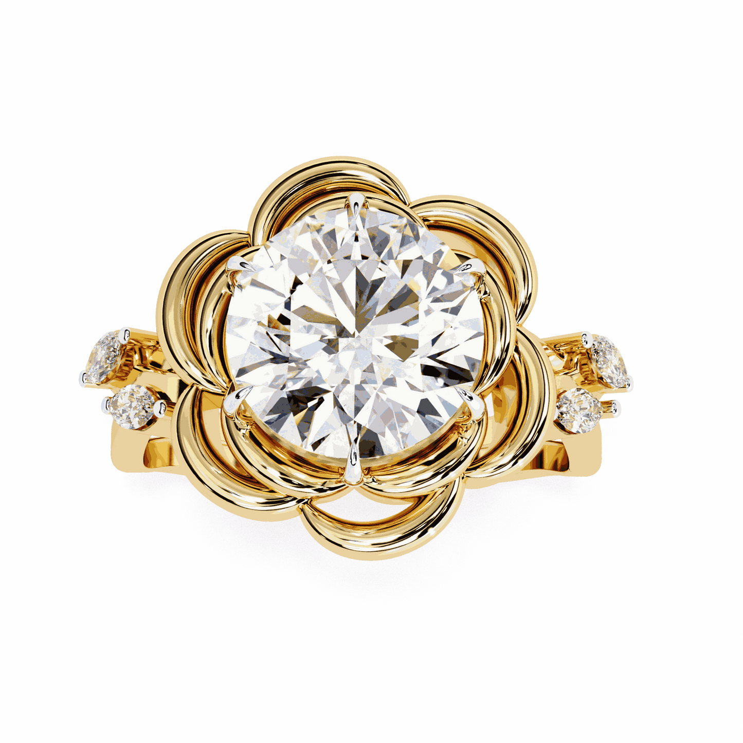 Round Cut Lab Grown Diamond Halo Engagement Ring with Sculpted Rose Petal Halo