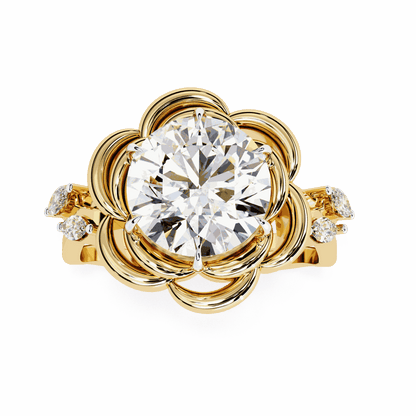 Round Cut Lab Grown Diamond Halo Engagement Ring with Sculpted Rose Petal Halo