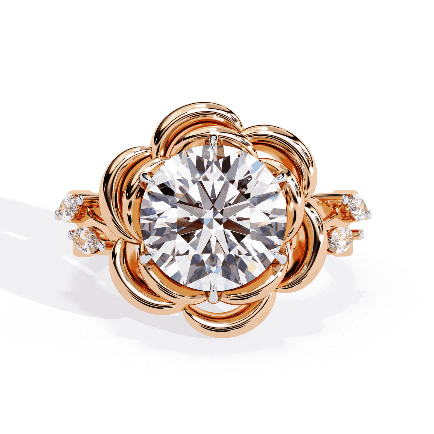 Round Cut Lab Grown Diamond Halo Engagement Ring with Sculpted Rose Petal Halo