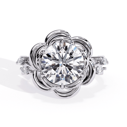 Round Cut Lab Grown Diamond Halo Engagement Ring with Sculpted Rose Petal Halo