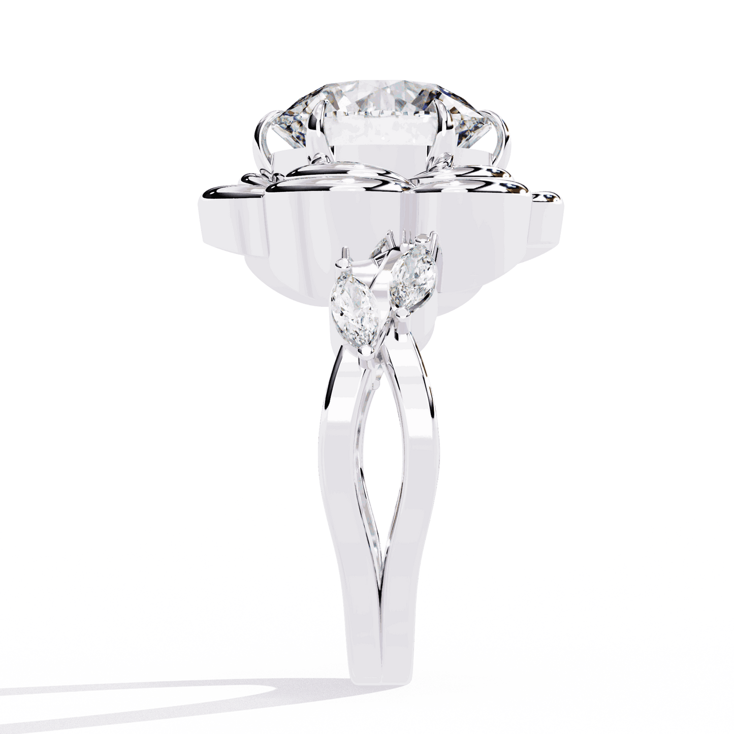 Round Cut Lab Grown Diamond Halo Engagement Ring with Sculpted Rose Petal Halo