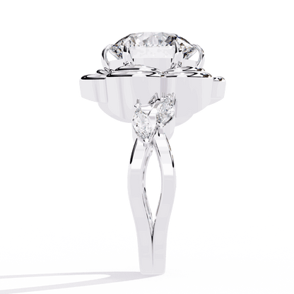 Round Cut Lab Grown Diamond Halo Engagement Ring with Sculpted Rose Petal Halo