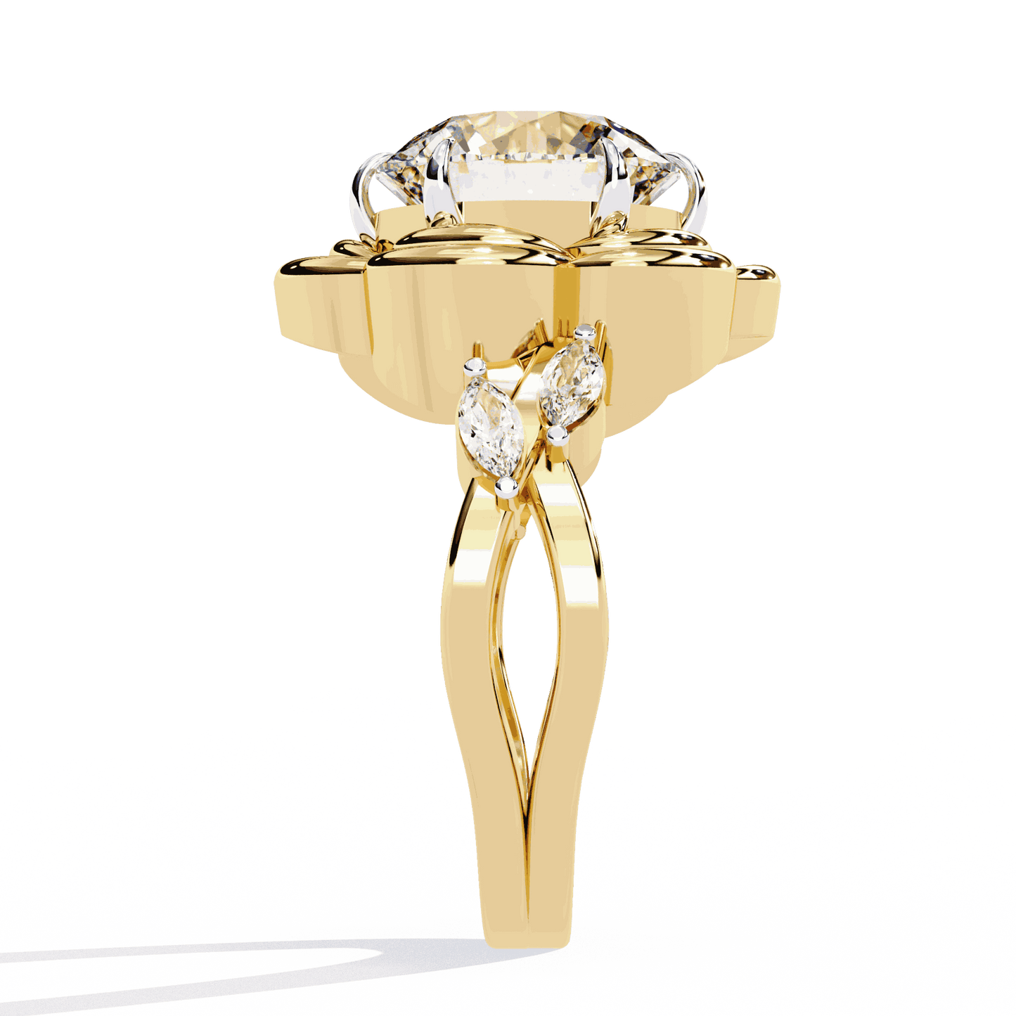 Round Cut Lab Grown Diamond Halo Engagement Ring with Sculpted Rose Petal Halo