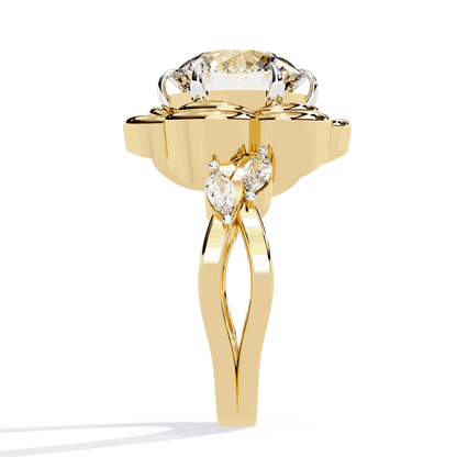 Round Cut Lab Grown Diamond Halo Engagement Ring with Sculpted Rose Petal Halo