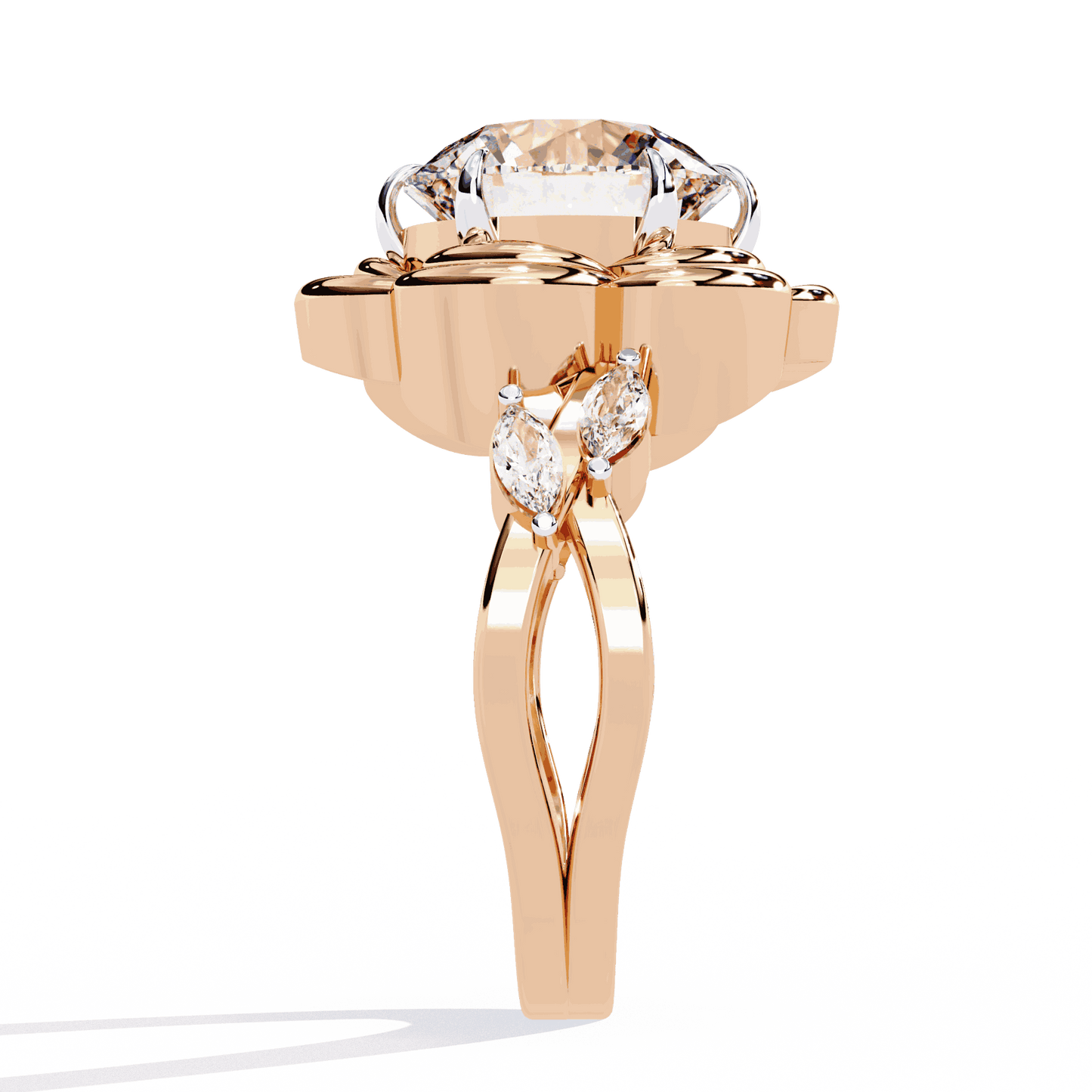 Round Cut Lab Grown Diamond Halo Engagement Ring with Sculpted Rose Petal Halo