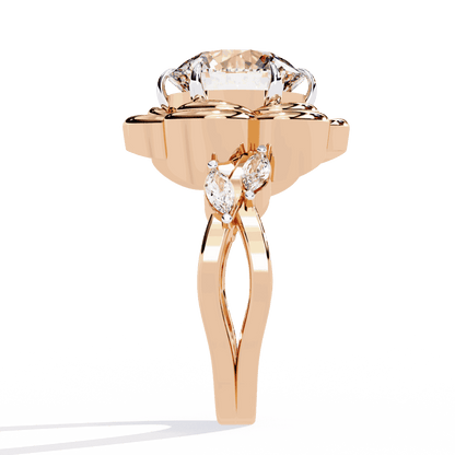 Round Cut Lab Grown Diamond Halo Engagement Ring with Sculpted Rose Petal Halo