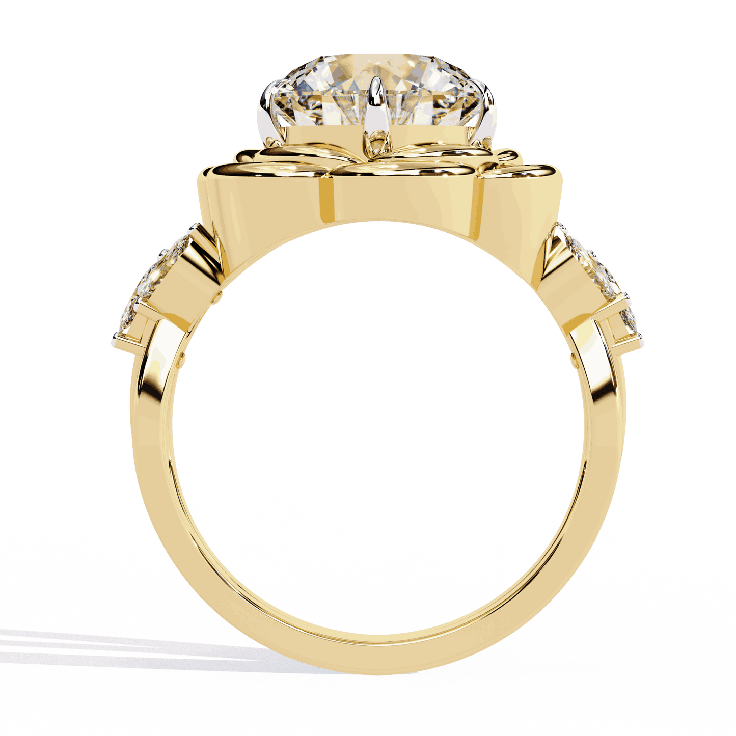 Round Cut Lab Grown Diamond Halo Engagement Ring with Sculpted Rose Petal Halo