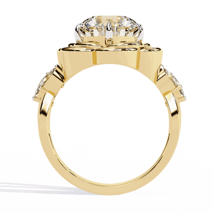 Round Cut Lab Grown Diamond Halo Engagement Ring with Sculpted Rose Petal Halo