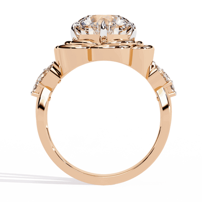 Round Cut Lab Grown Diamond Halo Engagement Ring with Sculpted Rose Petal Halo