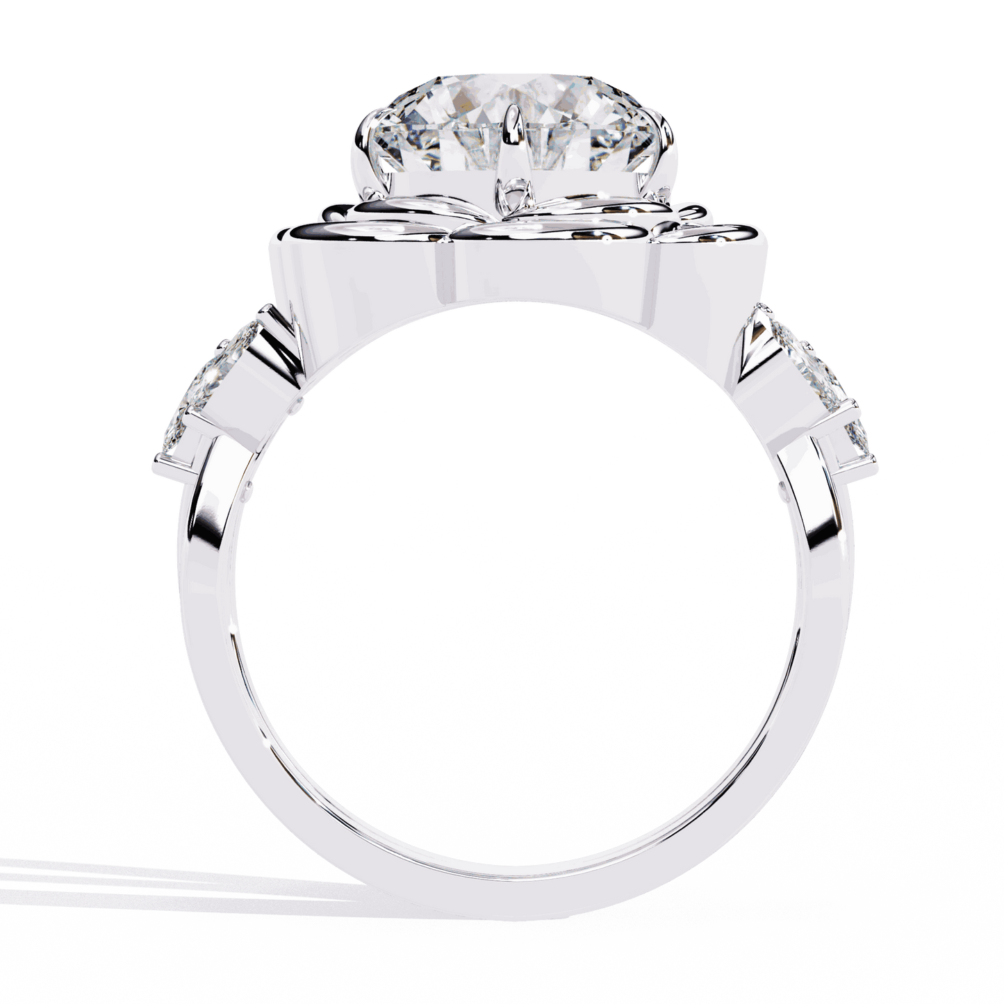Round Cut Lab Grown Diamond Halo Engagement Ring with Sculpted Rose Petal Halo