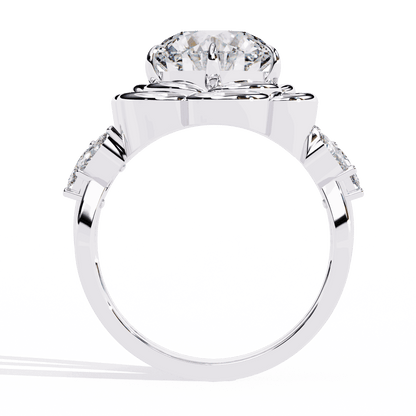 Round Cut Lab Grown Diamond Halo Engagement Ring with Sculpted Rose Petal Halo