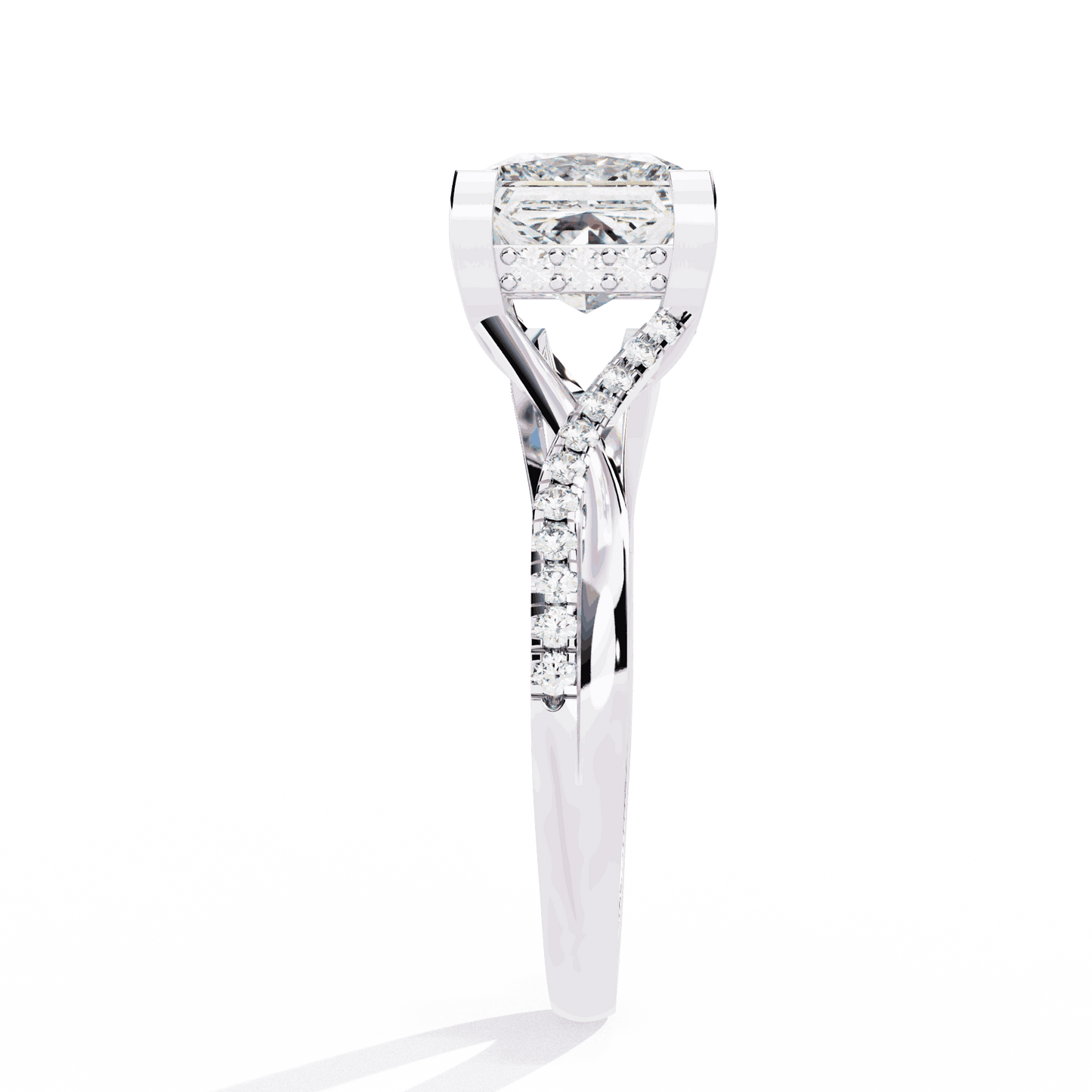 Princess Cut Lab Grown Diamond Halo Engagement Ring with Hidden Halo and Pave Crossover Shank