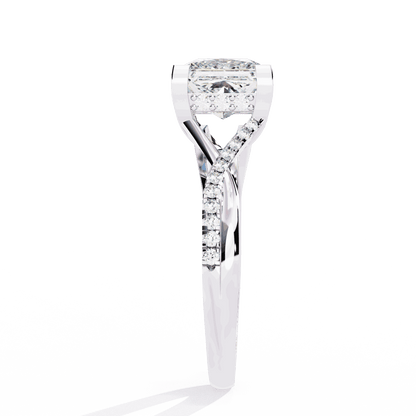 Princess Cut Lab Grown Diamond Halo Engagement Ring with Hidden Halo and Pave Crossover Shank