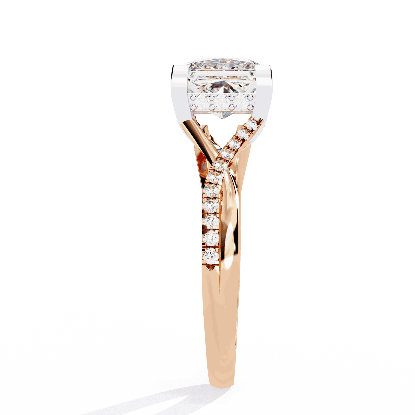 Princess Cut Lab Grown Diamond Halo Engagement Ring with Hidden Halo and Pave Crossover Shank