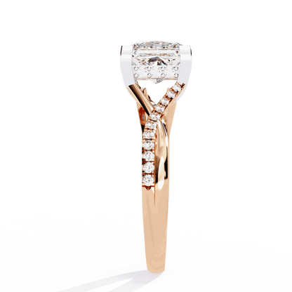 Princess Cut Lab Grown Diamond Halo Engagement Ring with Hidden Halo and Pave Crossover Shank