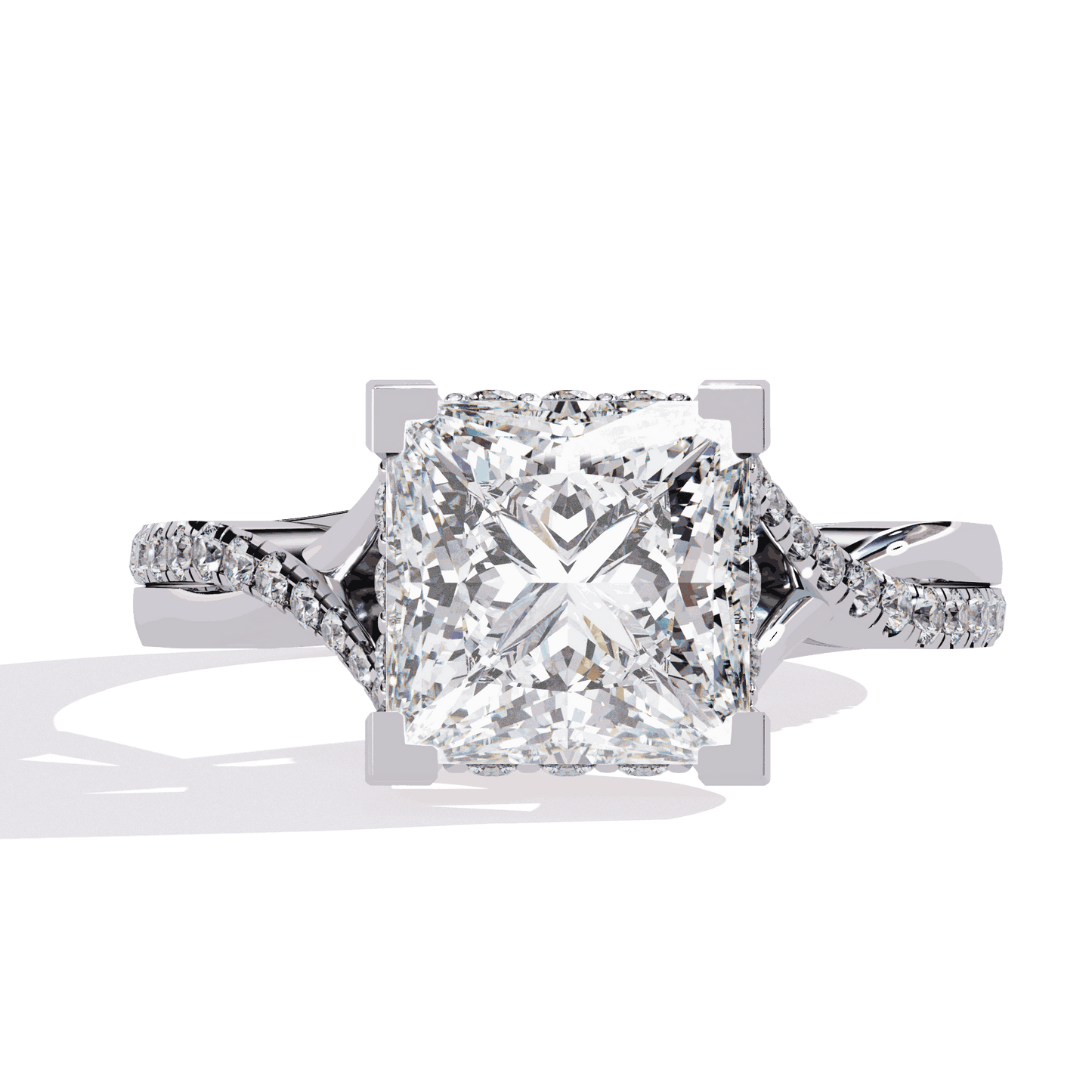 Princess Cut Lab Grown Diamond Halo Engagement Ring with Hidden Halo and Pave Crossover Shank