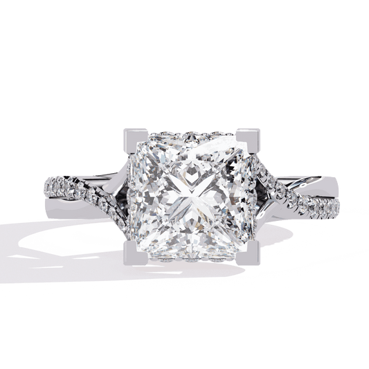 Princess Cut Lab Grown Diamond Halo Engagement Ring with Hidden Halo and Pave Crossover Shank