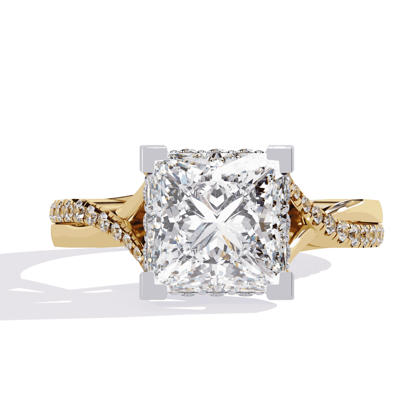 Princess Cut Lab Grown Diamond Halo Engagement Ring with Hidden Halo and Pave Crossover Shank