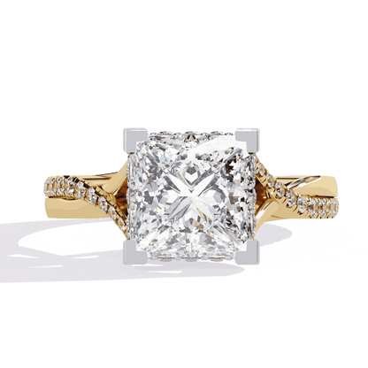 Princess Cut Lab Grown Diamond Halo Engagement Ring with Hidden Halo and Pave Crossover Shank