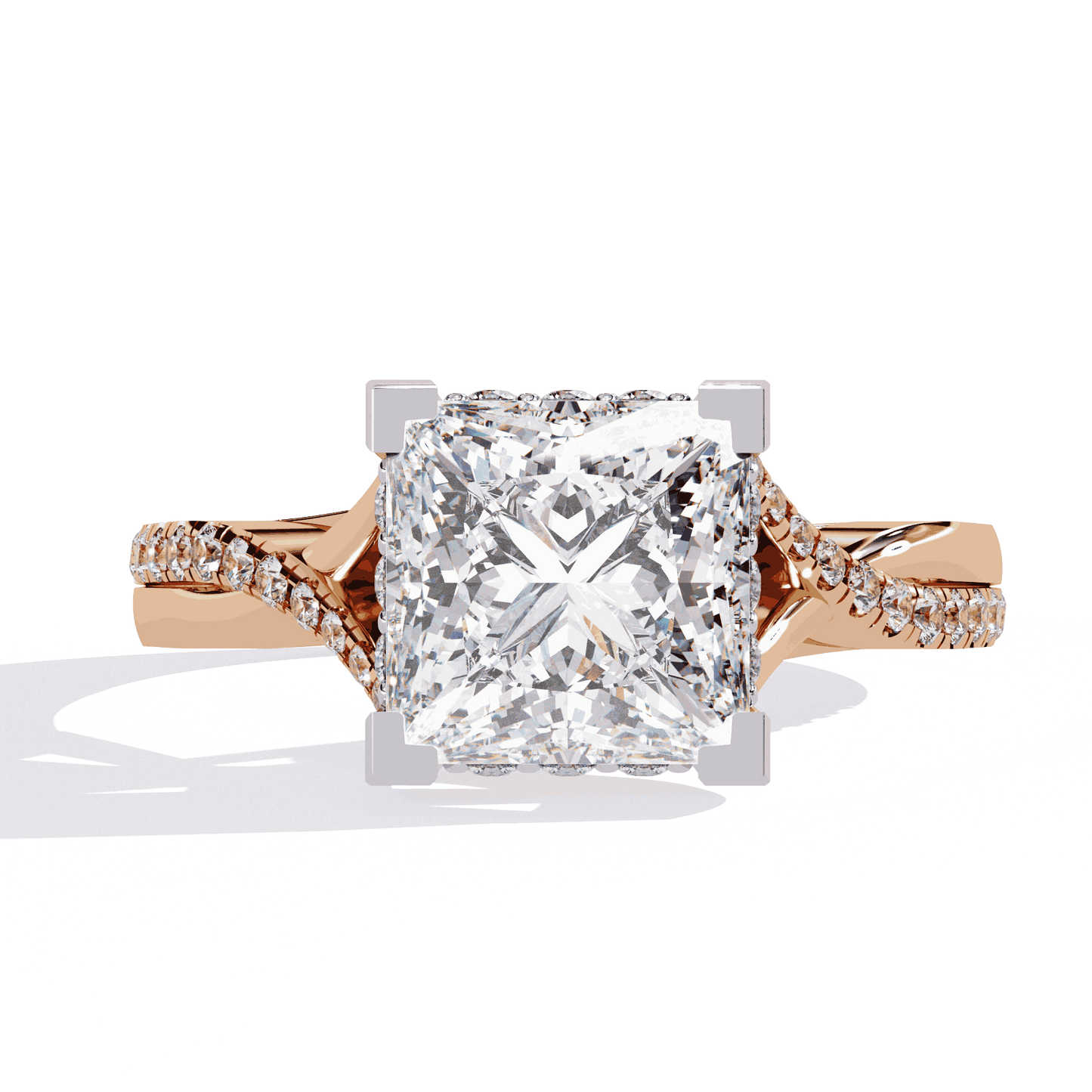 Princess Cut Lab Grown Diamond Halo Engagement Ring with Hidden Halo and Pave Crossover Shank