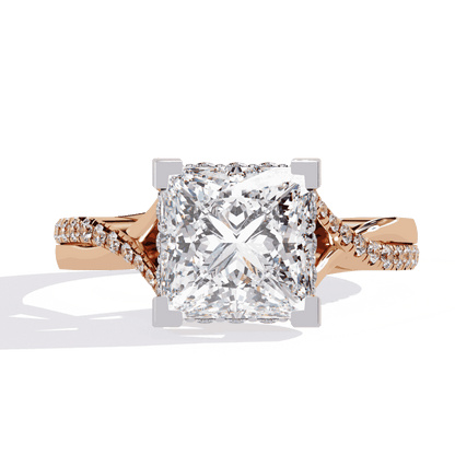 Princess Cut Lab Grown Diamond Halo Engagement Ring with Hidden Halo and Pave Crossover Shank