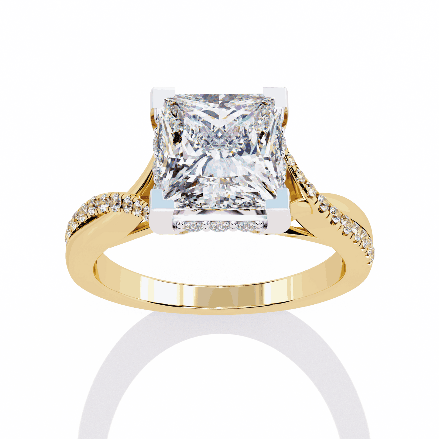 Princess Cut Lab Grown Diamond Halo Engagement Ring with Hidden Halo and Pave Crossover Shank