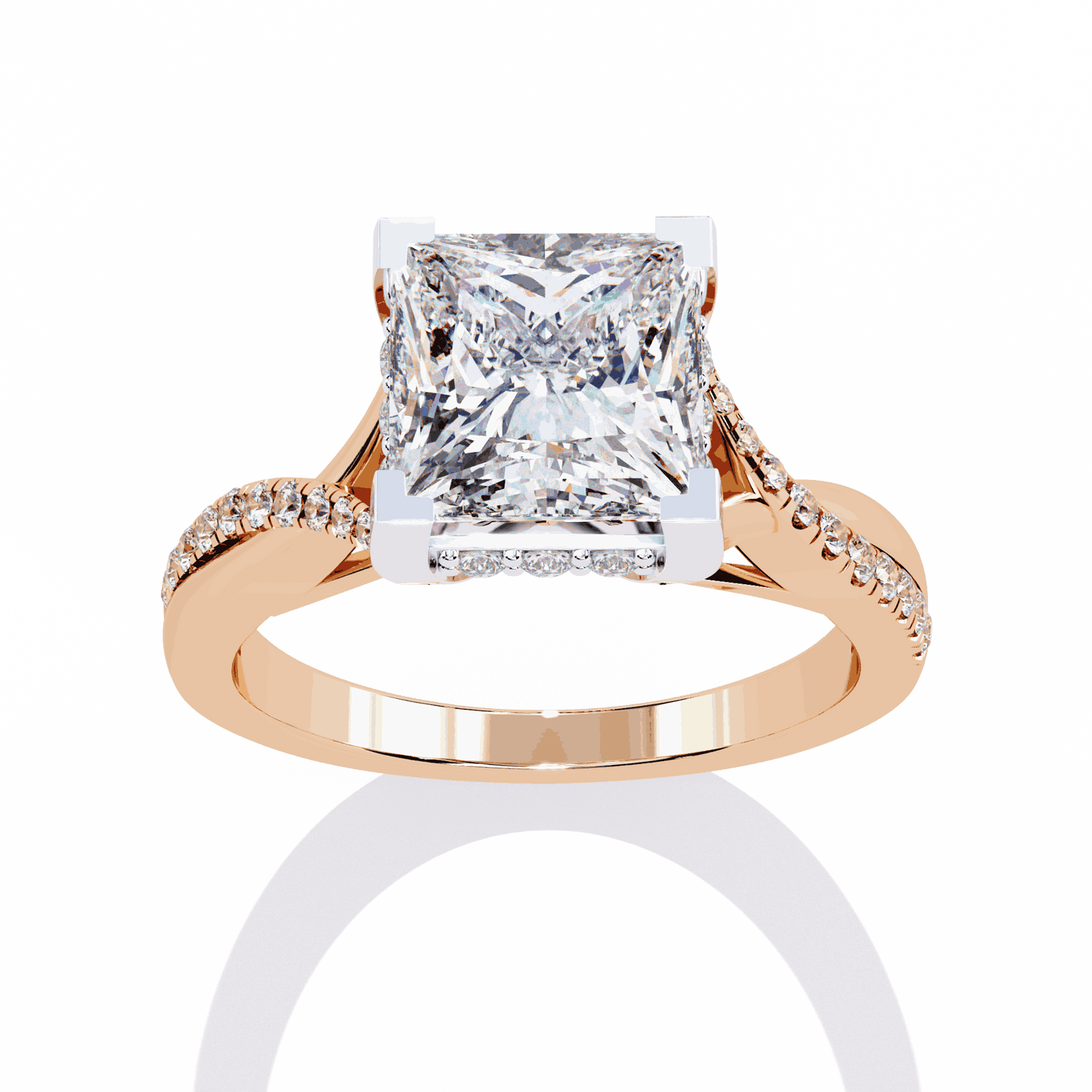 Princess Cut Lab Grown Diamond Halo Engagement Ring with Hidden Halo and Pave Crossover Shank