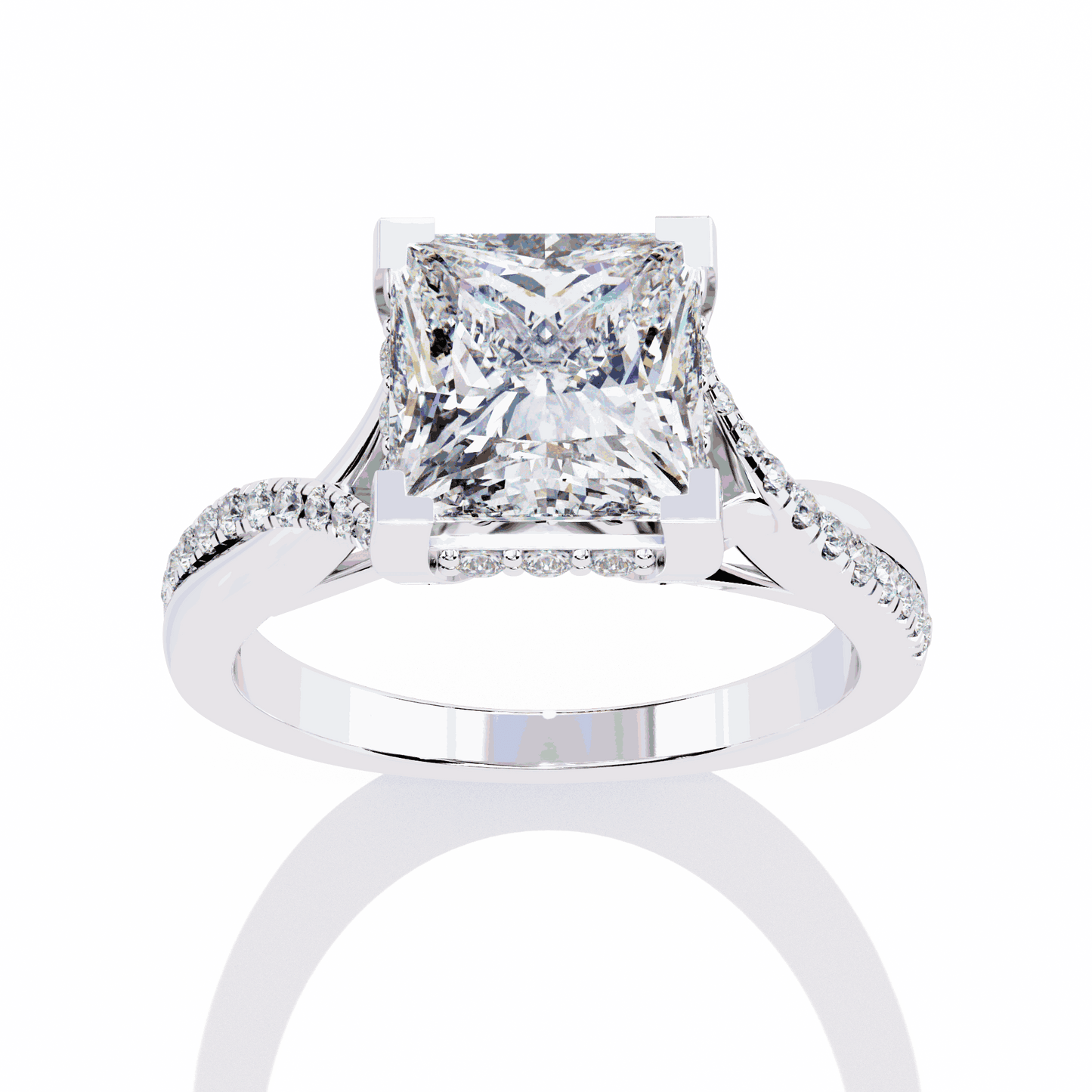 Princess Cut Lab Grown Diamond Halo Engagement Ring with Hidden Halo and Pave Crossover Shank