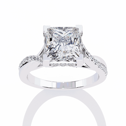 Princess Cut Lab Grown Diamond Halo Engagement Ring with Hidden Halo and Pave Crossover Shank