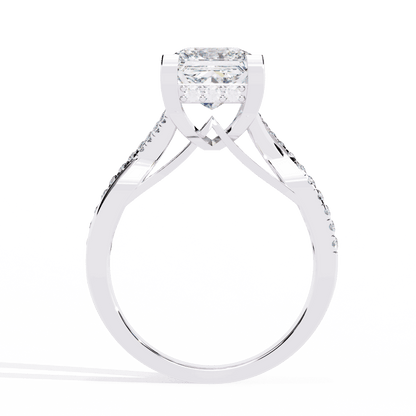 Princess Cut Lab Grown Diamond Halo Engagement Ring with Hidden Halo and Pave Crossover Shank